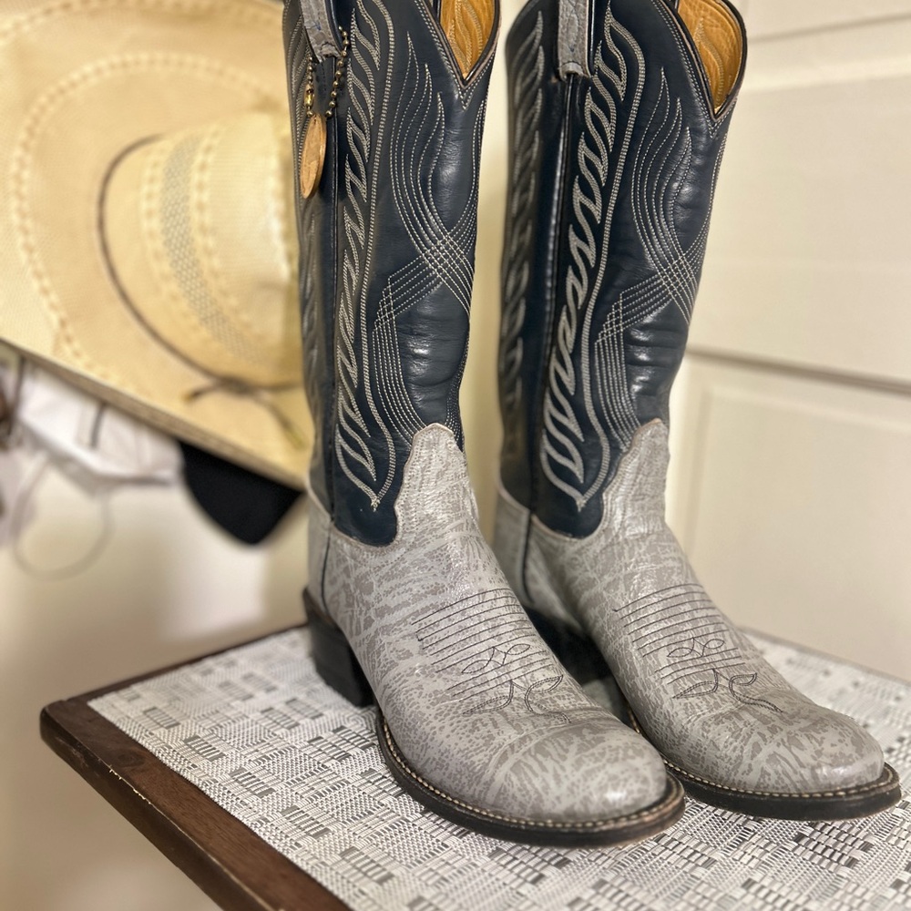 VTG Tony Lama Men's 13”5.5A,Gold Label Blue/grayLeather Cowboy Western Boots W:7 - Picture 2 of 14